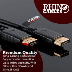 rhinocables Display Port to Displayport Cable, DP to DP cable with Secure Gold-plated Locking Connectors, Standard Lead for Gaming Monitor, HDTV, PC, and Graphics Card (0.5m (50cm)