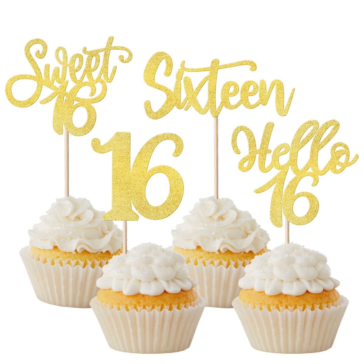 SYKYCTCY 24 Pack 16th Birthday Cupcake Toppers Glitter Hello 16 Sweet 16 Sixteen Years Old Cupcake Picks for Birthday Wedding Anniversary Party Cake Decorations Supplies Gold