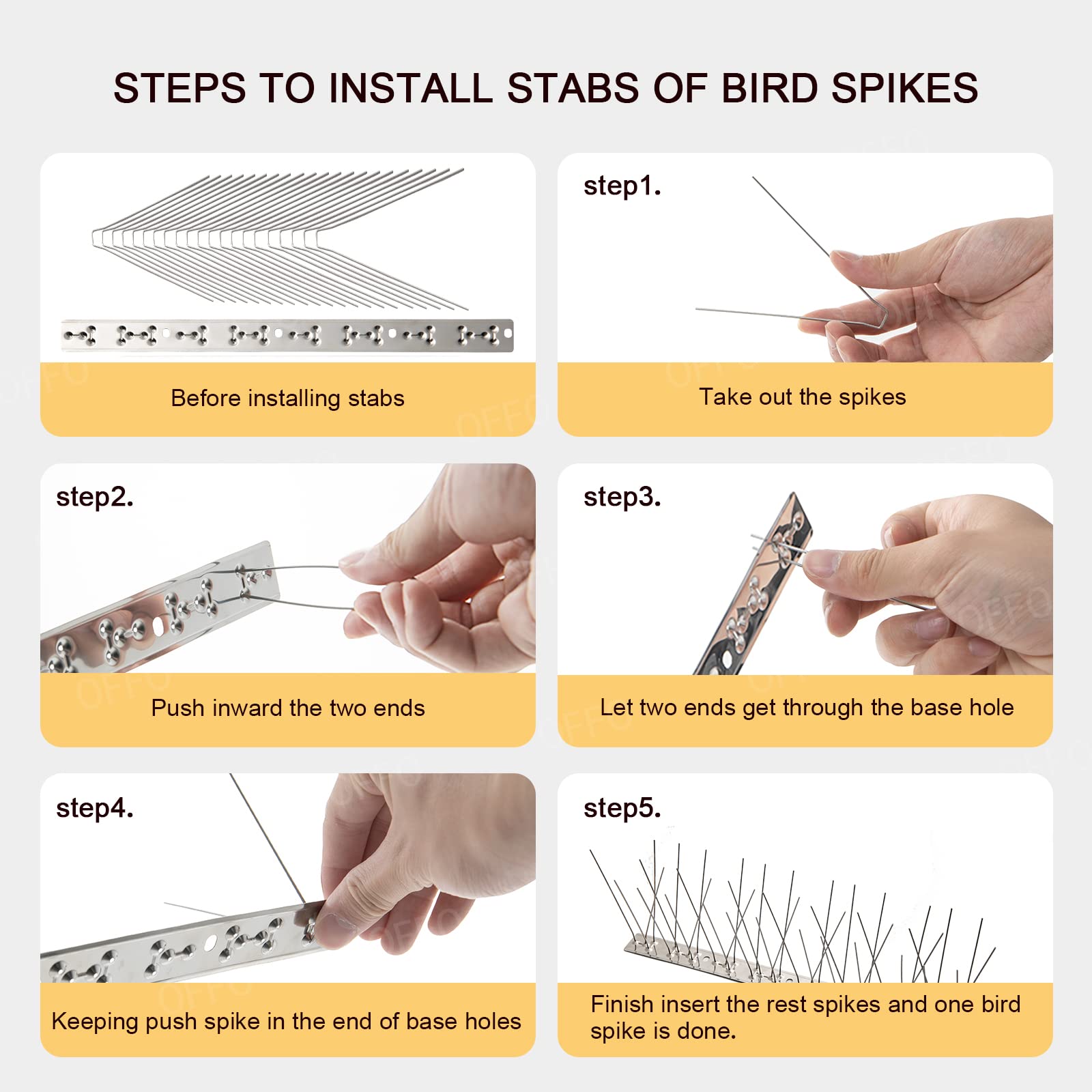 OFFO Bird Spikes with Stainless Steel Base,Pigeon Spikes for Roofs and Windows,Bird Deterrent Spikes Set for Anti Crows,Seagulls and Small Birds,Cover 78cm