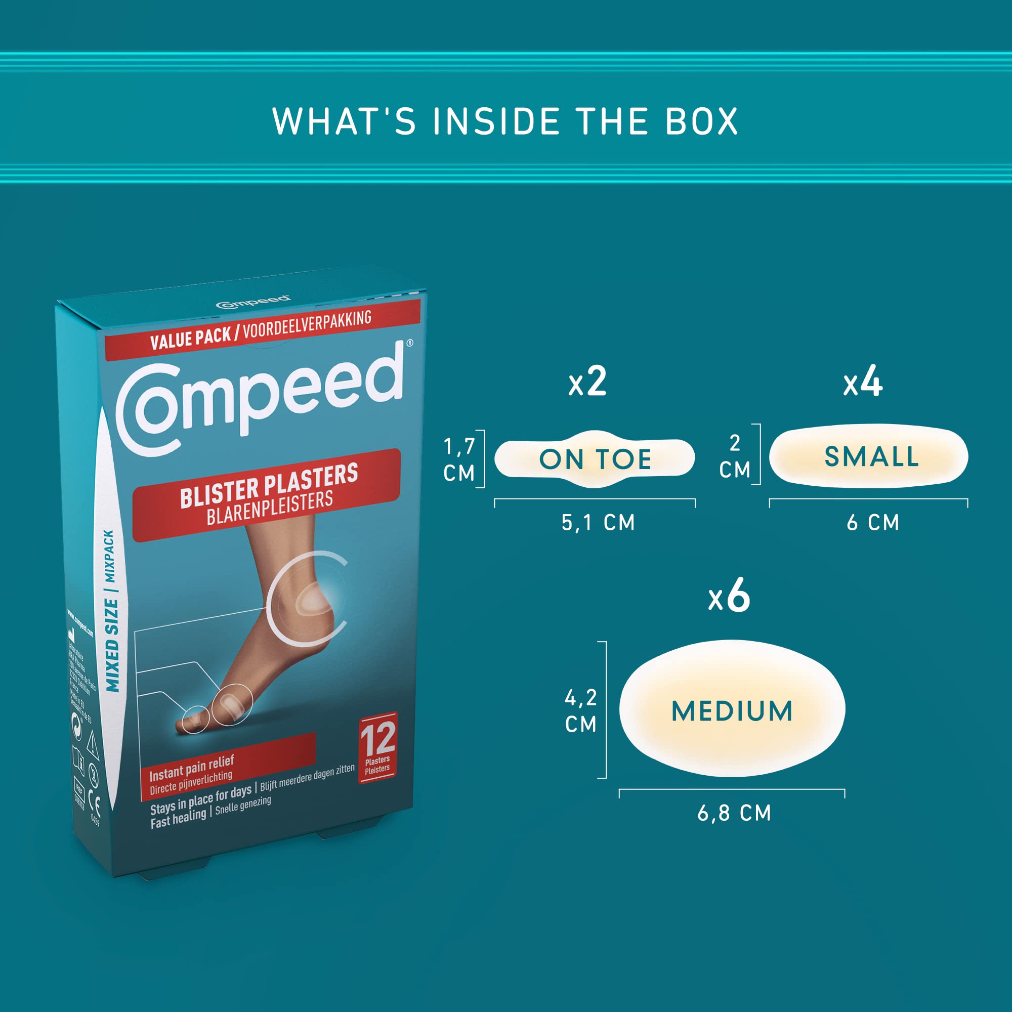 Compeed Mixed Size Blister Plasters, 12 Hydrocolloid Plasters, Foot Treatment, Heal Fast, 100% Plastic Free Carton Pack