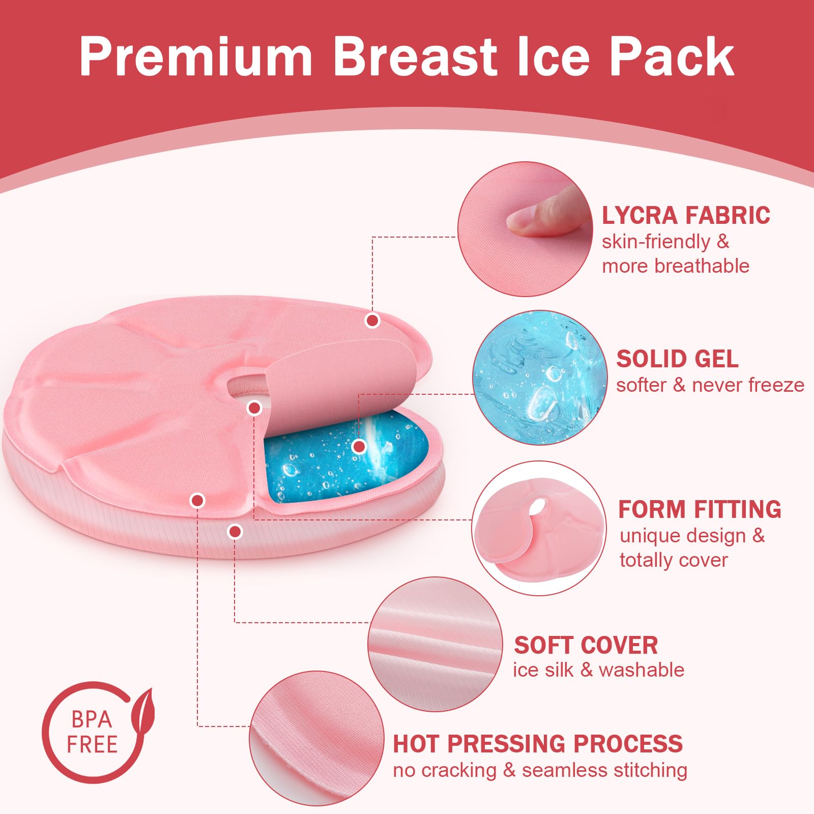 Gel Breast Ice Pack, Breast Therapy Pads for Relieving Breastfeeding Pain, Milk Jam Mastitis, Nipple Pain, Nursing Supplies for Nursing Mothers, Pink