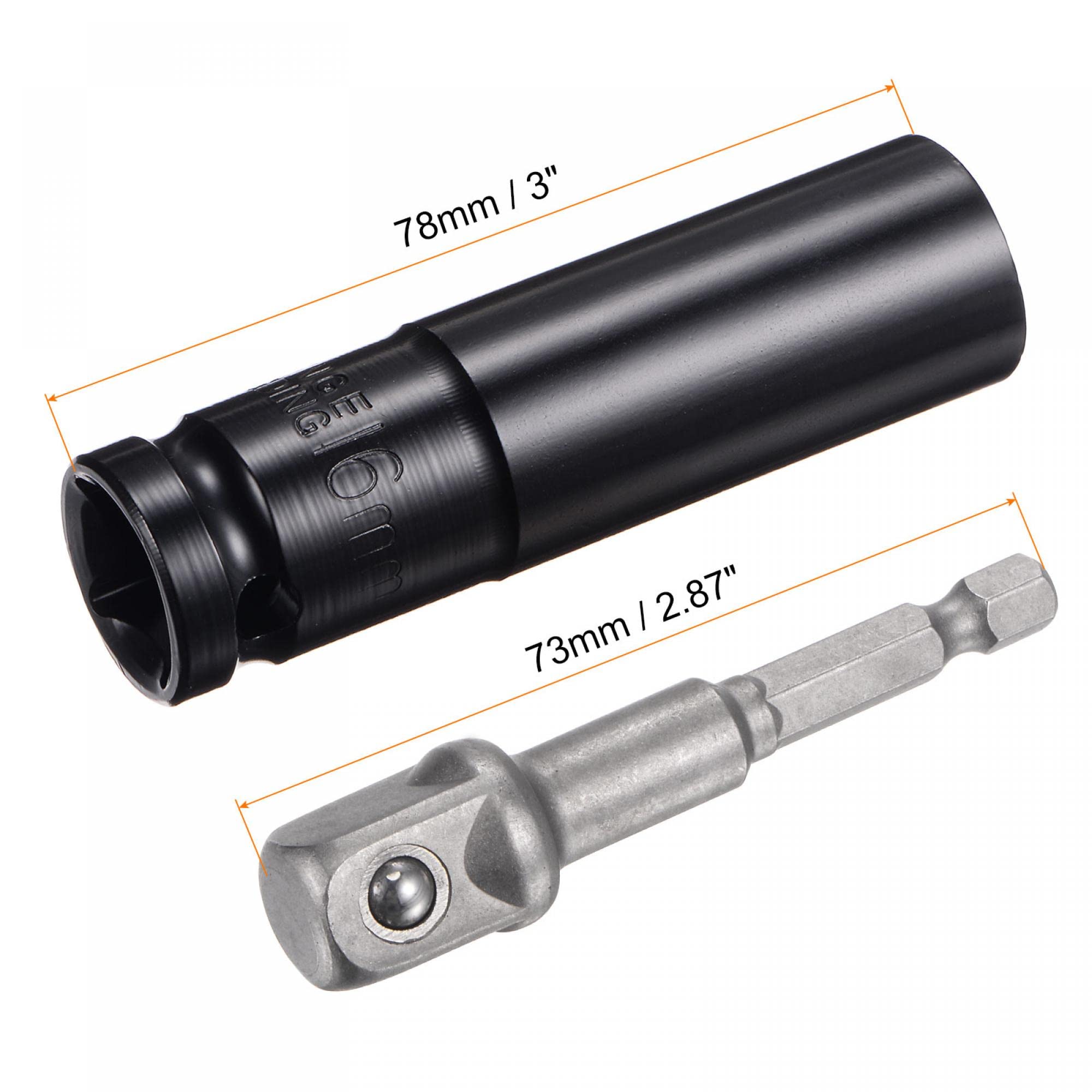 sourcing map 1/2 inches Drive Socket Accessory Set, 16mm Deep 6-Point Impact Socket 3 inches Length and 1/4 inches Hex Shank Adapter