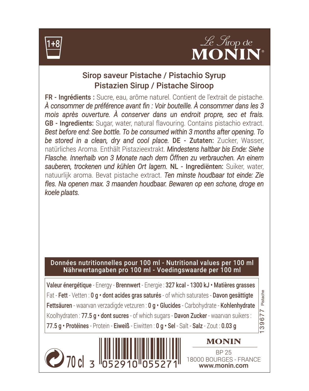 MONIN Premium Pistachio Syrup 700ml for Coffee and Cocktails. Vegan-Friendly, Allergen-Free, 100% Natural Flavours and Colourings