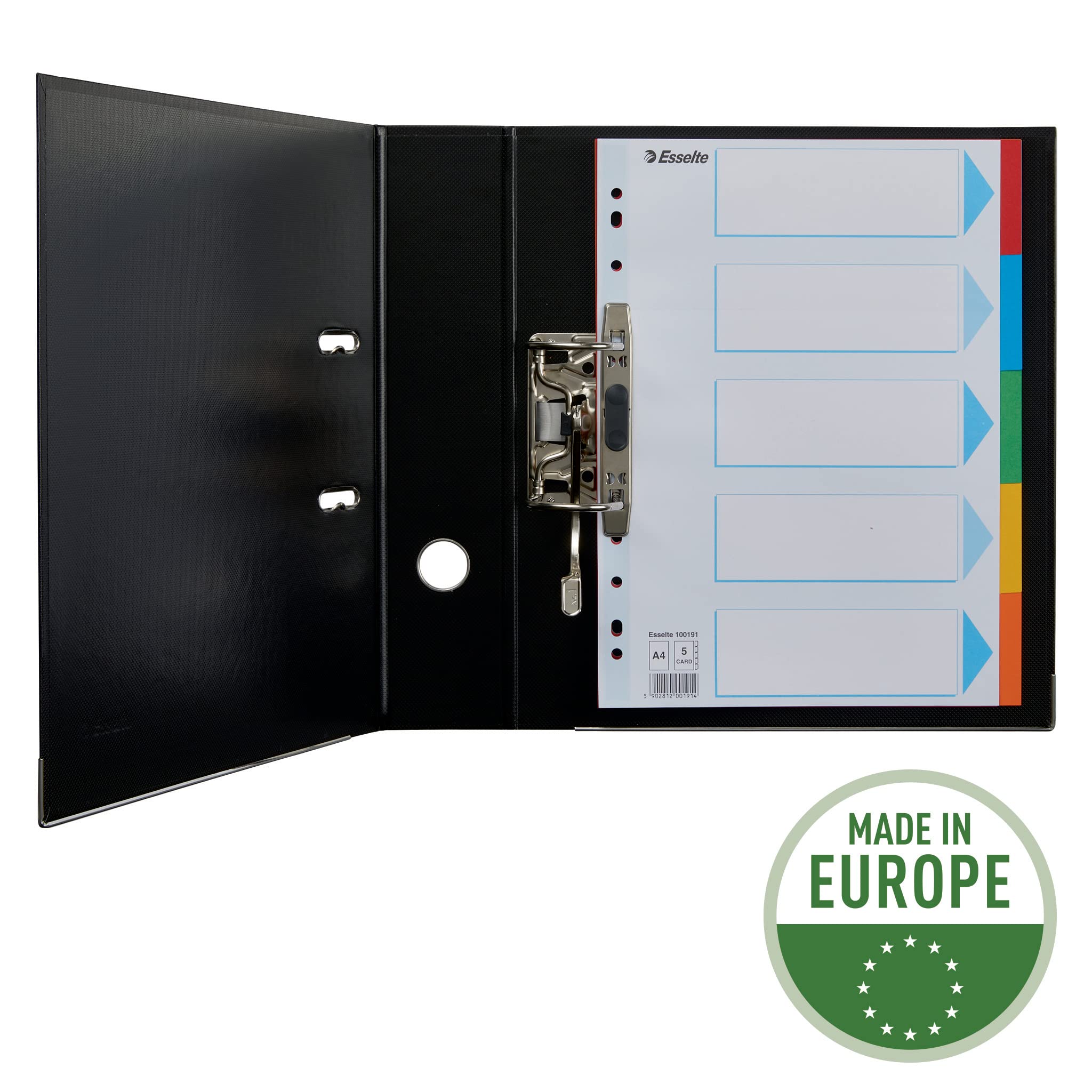 Esselte A4 Card File Dividers. 5 Parts Coloured Folder Dividers with identification front sheet, for Ring Binders and Lever Arch Files. Made from durable, recycled card