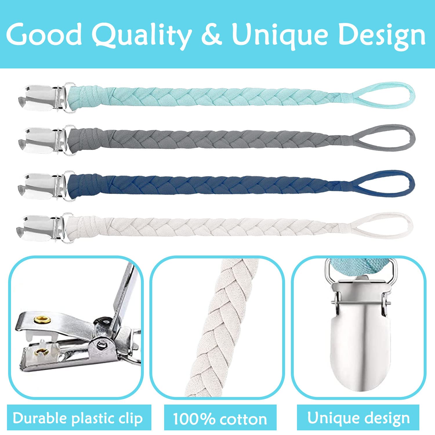 4 Pack Dummy Clip, BPA Free Dummy Clip Boys Cotton Dummy Clips for Baby Braided Pacifier Clips for Newborn Boys Girls Essentials Baby Teething Shower Clips