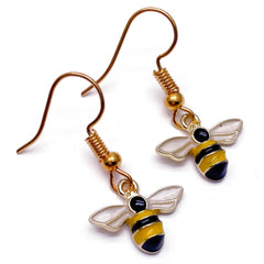 Little Bumble Bee Enamel Charm Earrings - Cute Yellow and Black Enamel Charms on Nickel Free Gold Hooks : 30mm