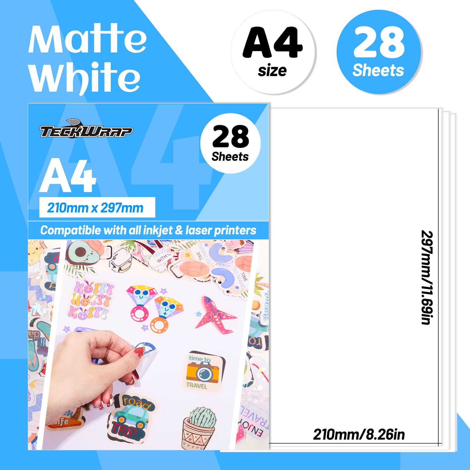 TECKWRAP Matte White Printable Vinyl Sticker Paper for Inkjet Printer Waterproof 8.26 inches x 11.69 inches A4 Size 28Pcs/Pack for Craft Sticker, Scrapbooking, Craft Cutters