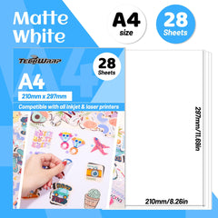 TECKWRAP Matte White Printable Vinyl Sticker Paper for Inkjet Printer Waterproof 8.26 inches x 11.69 inches A4 Size 28Pcs/Pack for Craft Sticker, Scrapbooking, Craft Cutters