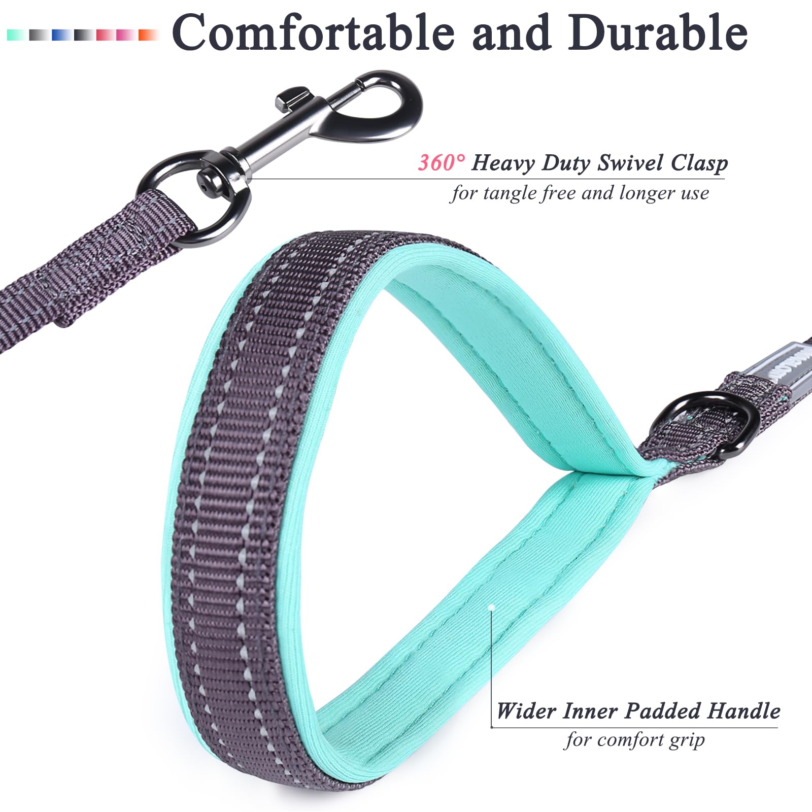 VIVAGLORY Traffic Handle Dog Lead, Soft Two Padded Handles Dog Leash, Strong Reflective & Metal Hook Training Dog Lead, Grey