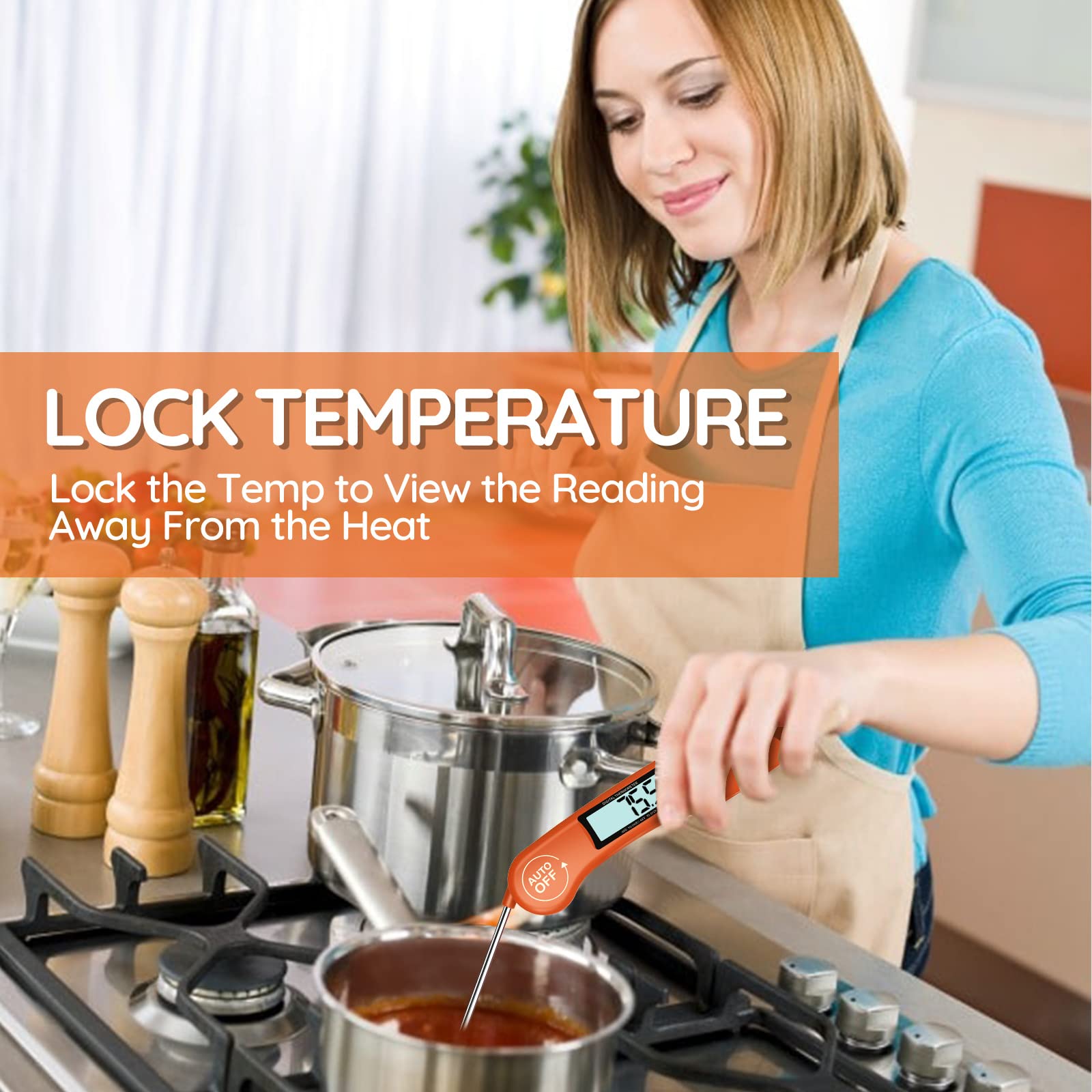 DOQAUS Food Thermometer, Instant Read Meat Thermometers, Digital Cooking Thermometer, Backlight LCD Screen Foldable Long Probe & Auto On/Off, Perfect for Kitchen Cooking, BBQ, Water,Meat, Milk(Orange)