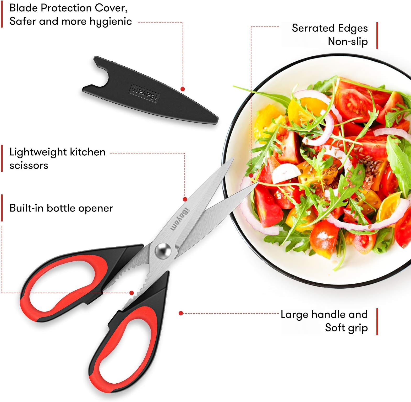 Kitchen Shears, 2-Pack Kitchen Scissors Heavy Duty Meat Scissors, Dishwasher Safe Cooking Scissors, Multipurpose Stainless Steel Sharp Utility Food Scissors for Chicken (Red,Black,Grey)