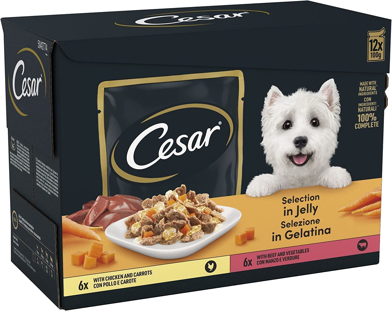 CESAR Pouch Selection in Jelly, Fresh Adult Wet Dog Food Pouches in Delicious Jelly with Succulent Meats and Vegetables, 48 x 100 g