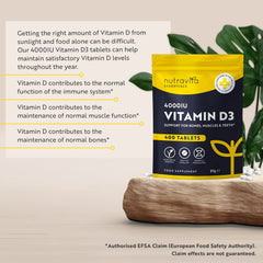 Vitamin D Tablets 4000 IU - Vegetarian Vitamin D3 4000 IU - 400 VIT D - High Strength 1 Year Supply - Supports The Immune System and Bone Health - Made in The UK by Nutravita