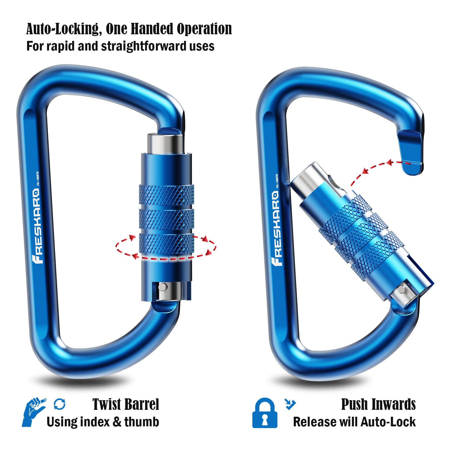 FresKaro 3inch 12kN Twist Locking Carabiner Clips, Weight Rating 1224kg, Auto-Lock Aluminum Carabiners Heavy Duty, for Hammocks, Yoga Swing, Camping, Keychain, Dog Leash, 2pcs (Blue)