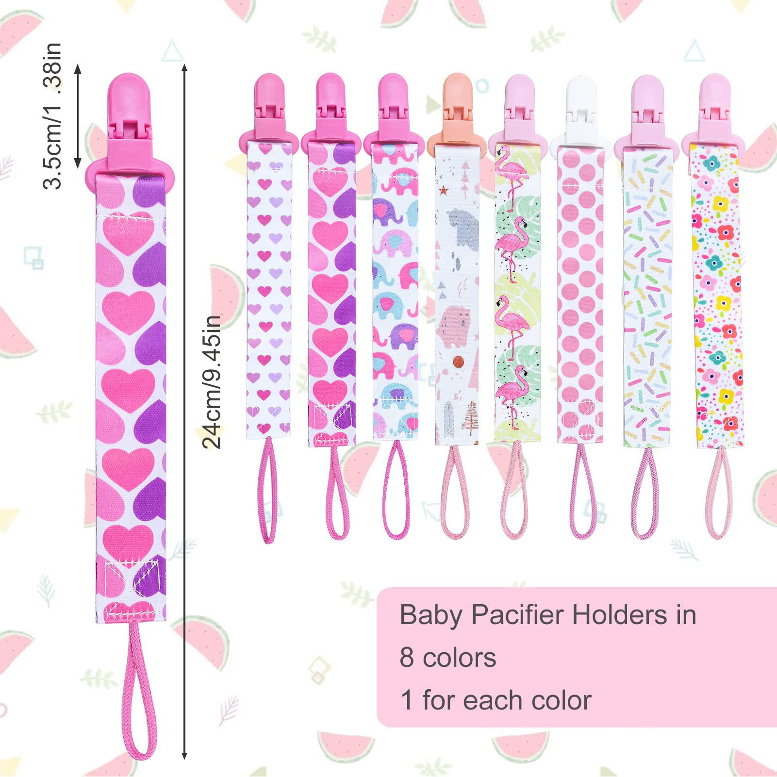 8 Pack Dummy Clip Girls, Pacifier Holders Leashes Set Soother Chains Holder Pacifier Clips Dummy Strap Pacifier Gag Strap Soother Clips for Baby Teething Toys Baby Shower Newborn Essentials