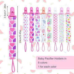 8 Pack Dummy Clip Girls, Pacifier Holders Leashes Set Soother Chains Holder Pacifier Clips Dummy Strap Pacifier Gag Strap Soother Clips for Baby Teething Toys Baby Shower Newborn Essentials