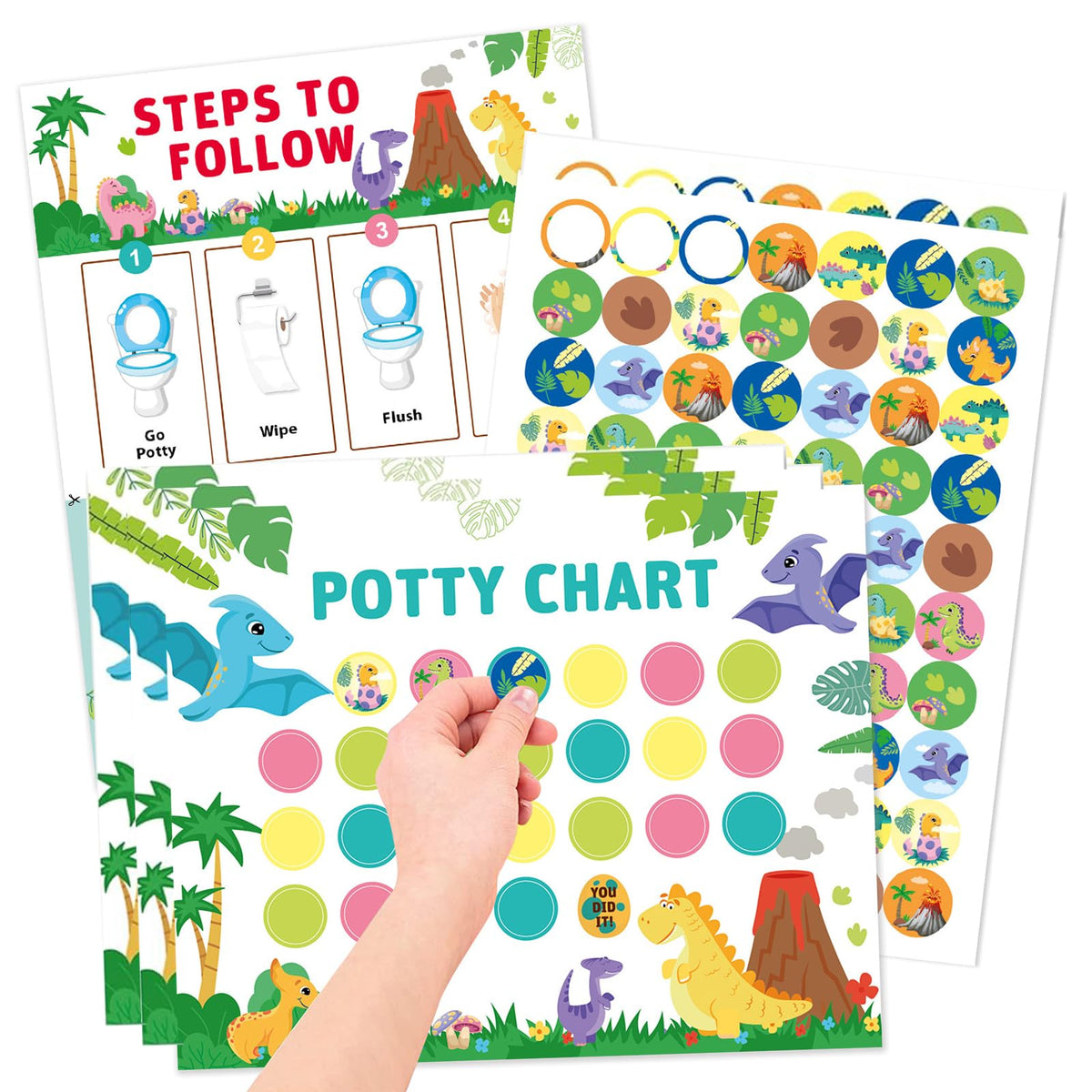 Potty Training Reward Chart, KAMHBE 10 Sheet Potty Training Chart for Toddlers Boys Girls - Dinosaur Potty Chart with Stickers Toilet Training Reward Chart Develop Toileting Habit (Dinosaur)