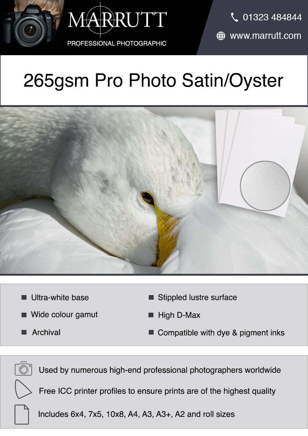 Marrutt 265gsm Pro Photo Satin/Oyster Inkjet Paper: A4-25 Sheets