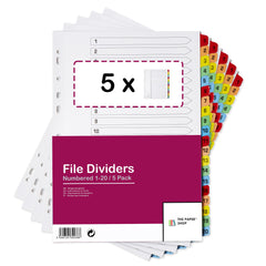 [5 Pack] A4 File Dividers 20 Part Numbered 1-20   A4 Subject Dividers 20 Part Numbered 1-20 with Multipunched Reinforced Colour Tabs 150gsm