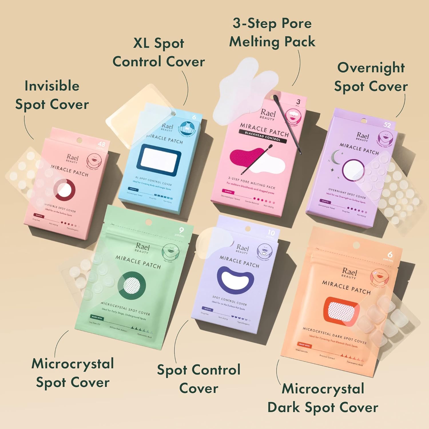 Rael Pimple Patches, Miracle Overnight Spot Cover - Korean Skincare, Hydrocolloid Acne Spot Patch, Thicker & Extra Adhesion, 3 Sizes (104 Count)