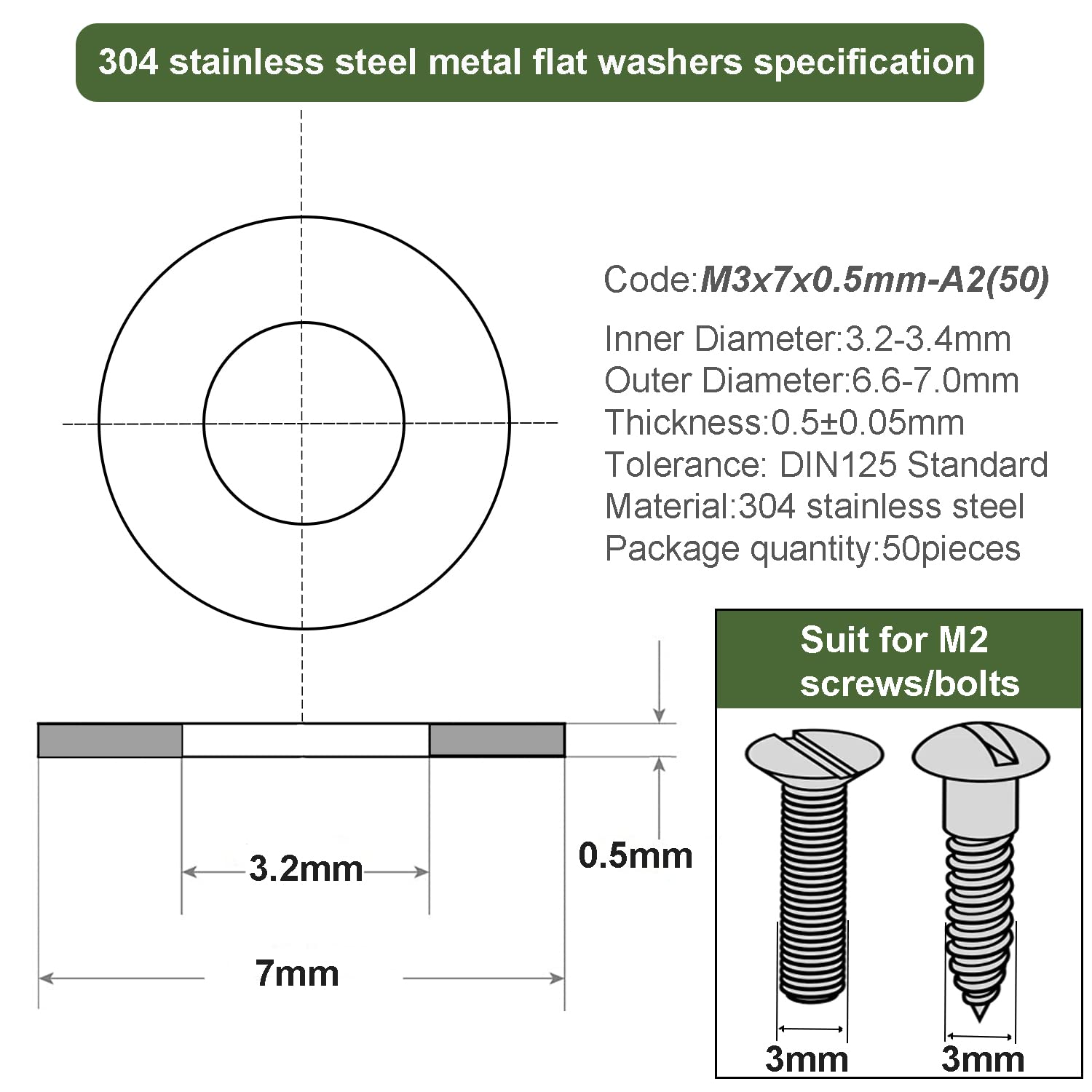 M3 Washers, M3 x 7mm Metal Flat Penny Washers Thickness 0.5mm-A2 304 Stainless Steel Washers (50 Pack), AMLOOPH Large OD Plain Wide Metal Washers, Round Flat Spacer Repair Washer For Screws Bolts