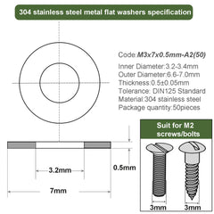 M3 Washers, M3 x 7mm Metal Flat Penny Washers Thickness 0.5mm-A2 304 Stainless Steel Washers (50 Pack), AMLOOPH Large OD Plain Wide Metal Washers, Round Flat Spacer Repair Washer For Screws Bolts