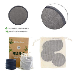 Chloven 25 Pack Charcoal Bamboo Reusable Makeup Remover Pads - Organic Bamboo Reusable Cotton Rounds for Toner, Washable Eco-Friendly Pads for All Skin Types with Cotton Laundry Bag