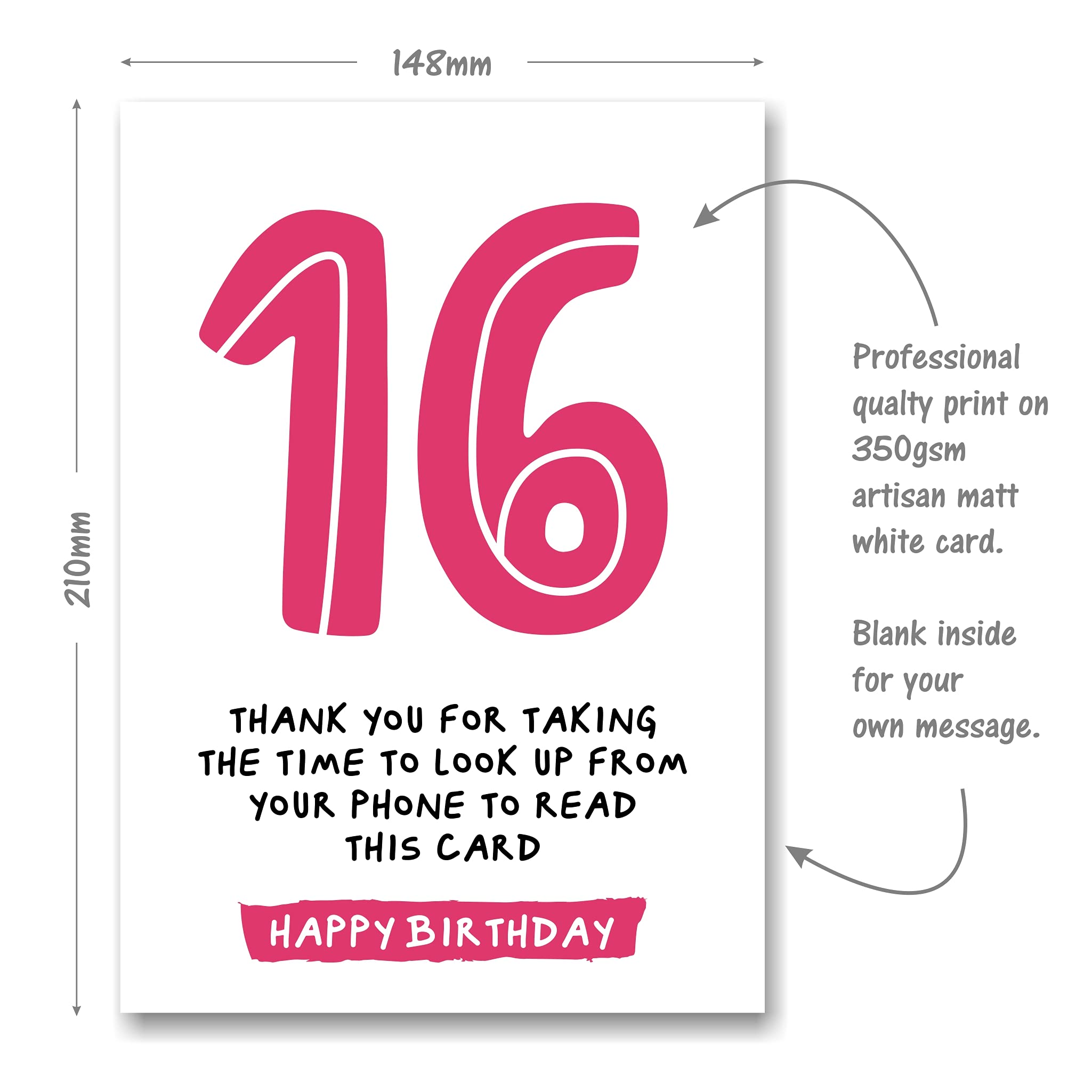 16th Birthday Card - Funny Joke for 16 Year Old - Pink