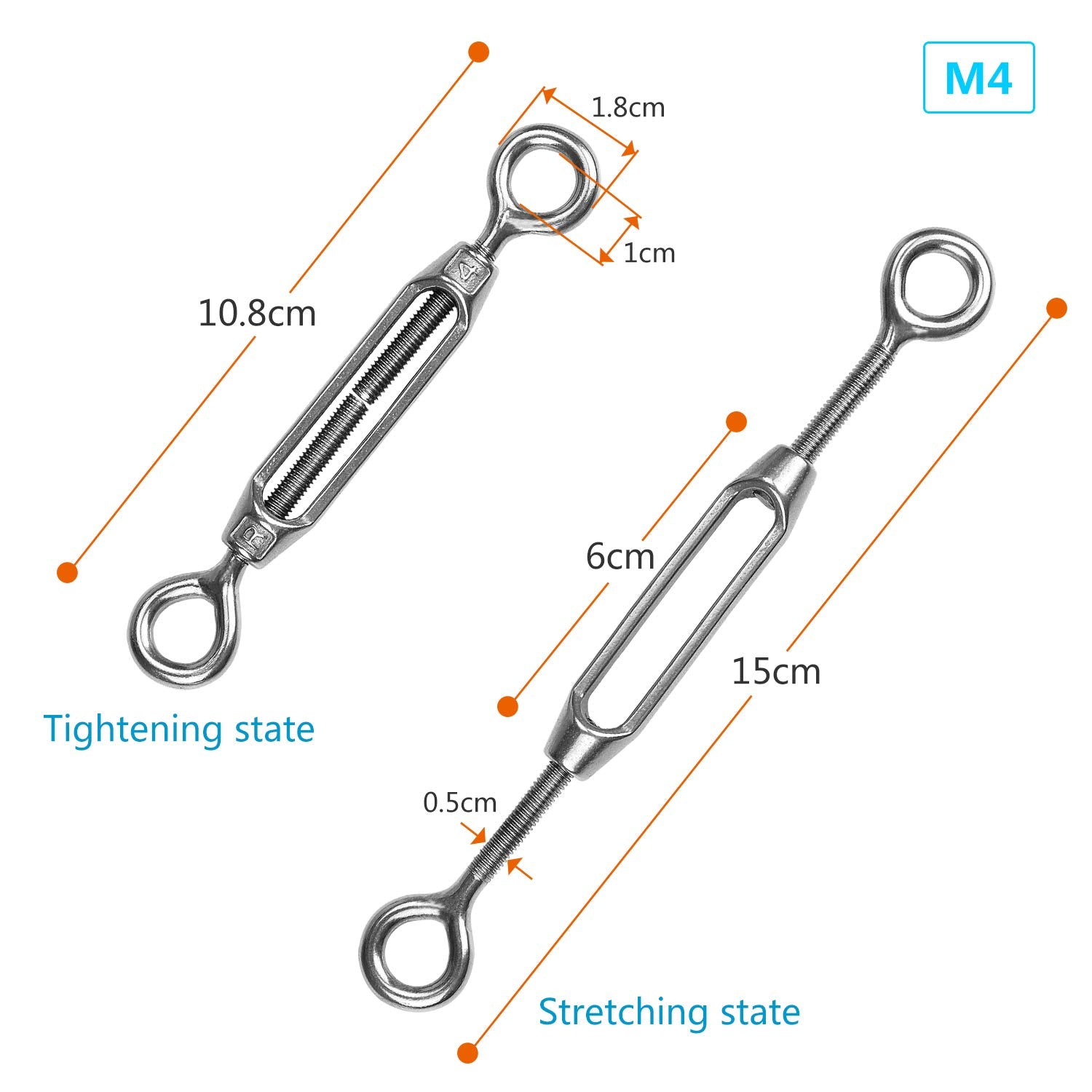 HSEAMALL 10 PCS M4 Turnbuckle Eye and Eye,304 Stainless Steel Turnbuckles Strainer Wire Tensioner Rope Cable Tension