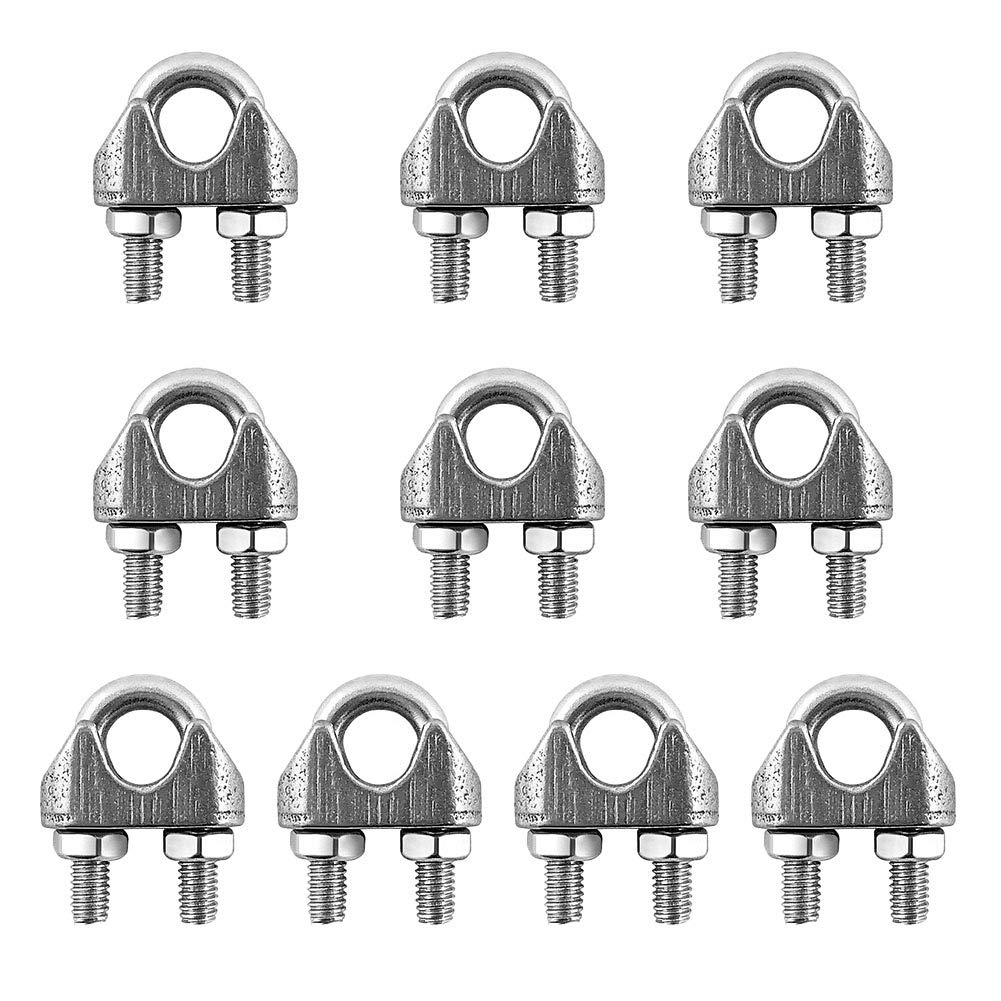 QWORK® Wire Rope Clip M4, Cable Clamps, 304 Stainless Steel Wire Rope Clamps, Stainless Steel Rope Grips, for Ø 4mm Wire Rope Cable, 10PCS