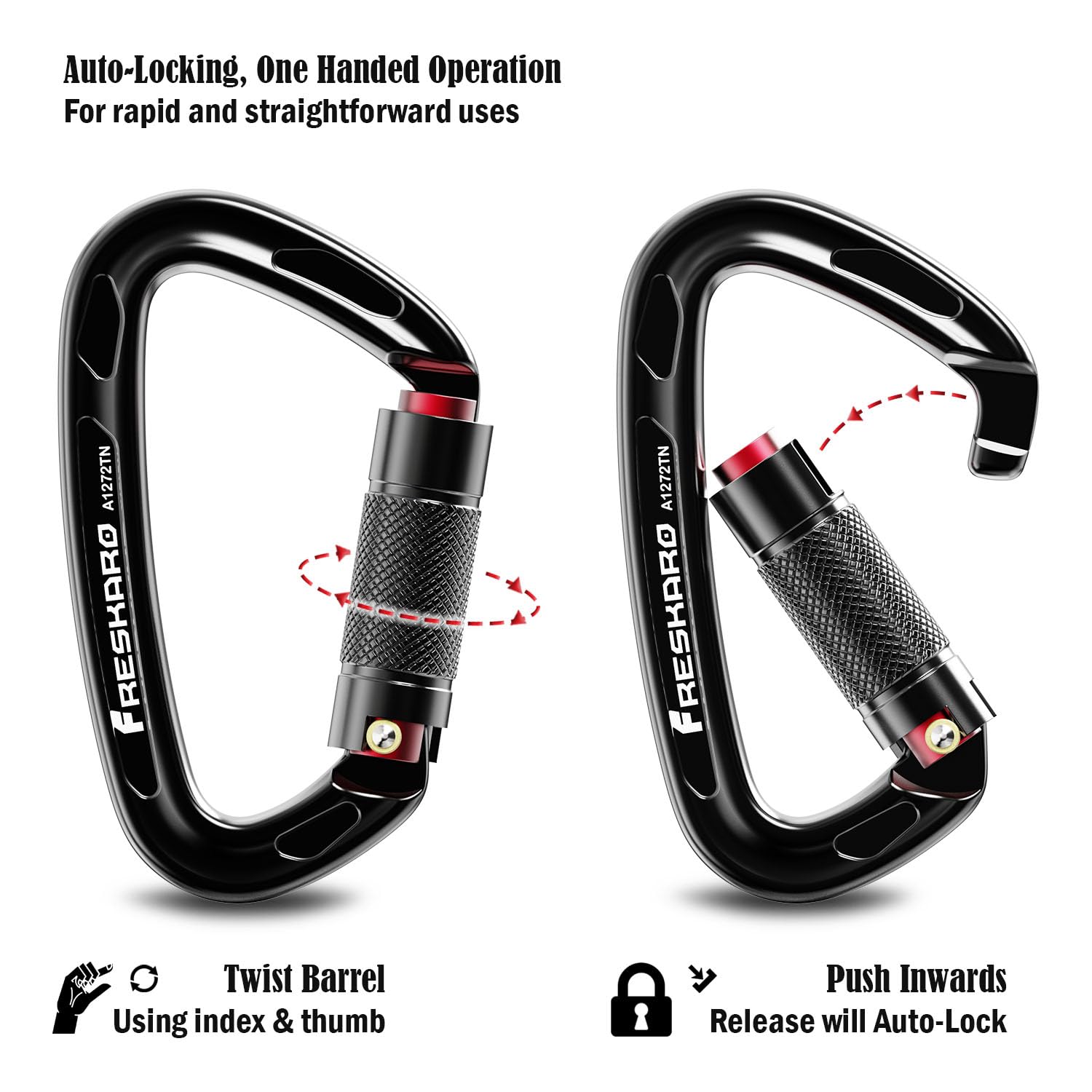 FresKaro CE and UIAA Certified Climbing Carabiners, 25kN/2550kg, Twist Lock, Suit for Rock Climbing, Rappelling, Camping, Dog Leash, Hammock, Swing, Yoga etc, D Shaped, Large Size, Black (Black-2pcs)