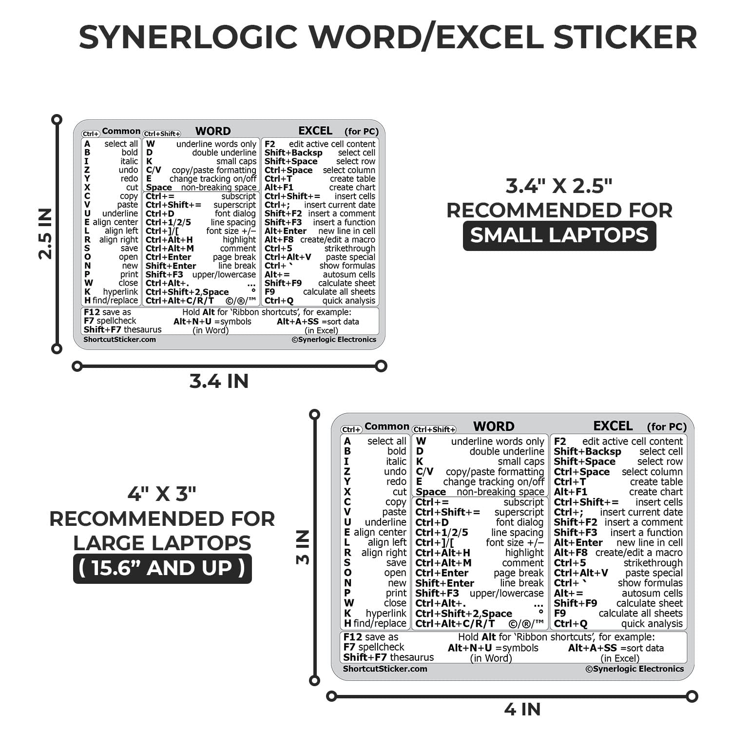 Synerlogic Windows and Word/Excel (for Windows) Quick Reference Guide Keyboard Shortcut Stickers, No-residue Vinyl (White/Large/Combo)