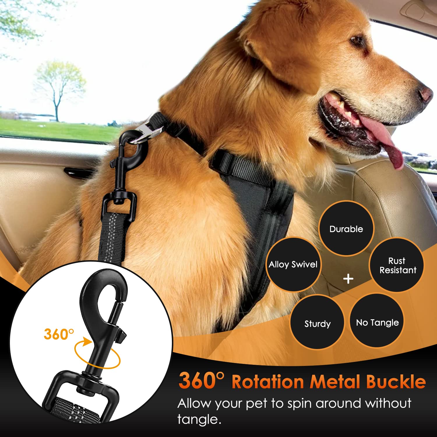 Eyein Dog Seat Belt, 2 in 1 Attachment Dog Car Harnesses Belt, Hook Latch Bar & Seatbelt Buckle with Anti Shock Elastic Nylon Bungee Buffer, Pet Safety Belts for Vehicle(Black,90cm)