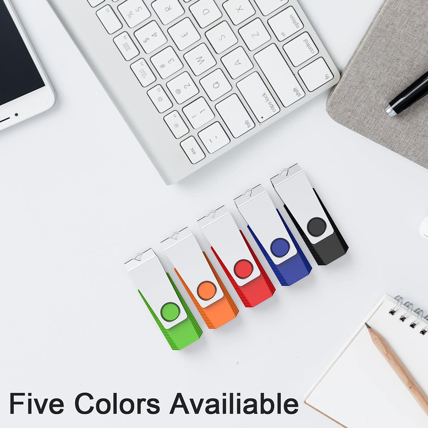 64GB USB Flash Drive 5 Pack USB Stick, KEXIN USB 2.0 Stick Swivel Memory Stick 64 GB USB Drive Metal Cap Pen Drive with LED Light Thumb Drive for Data Storage (Black, Green, Blue, Red, Orange)