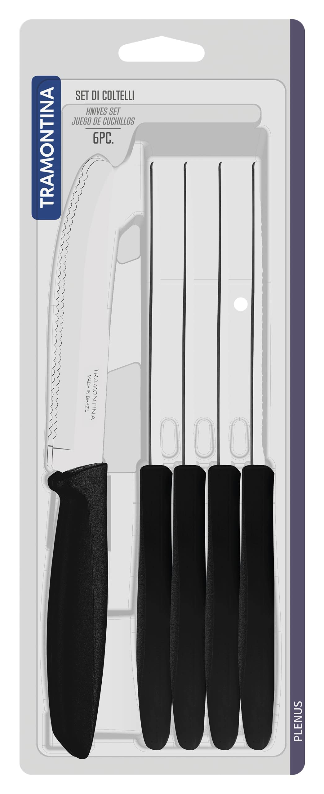 Tramontina Kitchen Knives Set of 6, Serrated Fruit Tomato Cooking Knife, Vegetable Chopper Peeler, Stainless Steel, Multipurpose, Rounded Tip, Black, 23498055