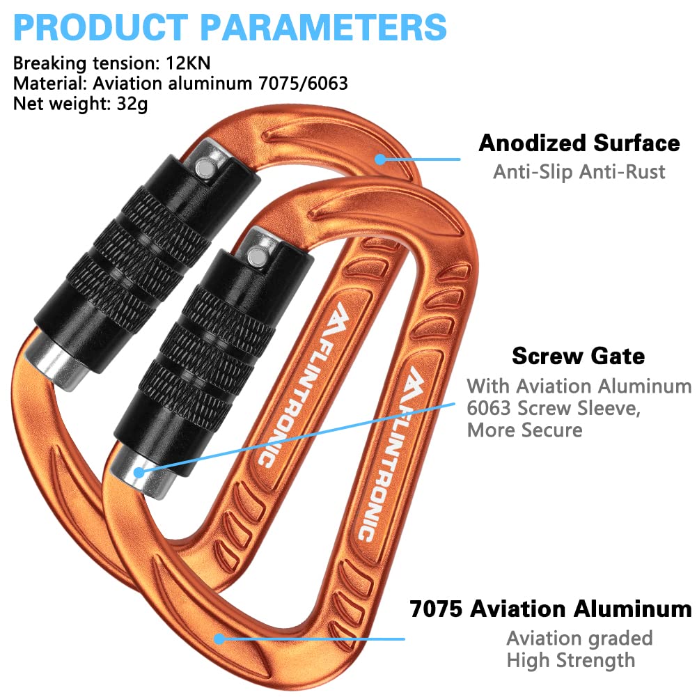 Flintronic Locking Carabiner, 12KN Heavy Duty Locking Carabiner Clips, Aluminum Alloy Clip, 2PCS Carabiner D Ring Clip Hook for Hammock Swing Camping Fishing Hiking (Orange)