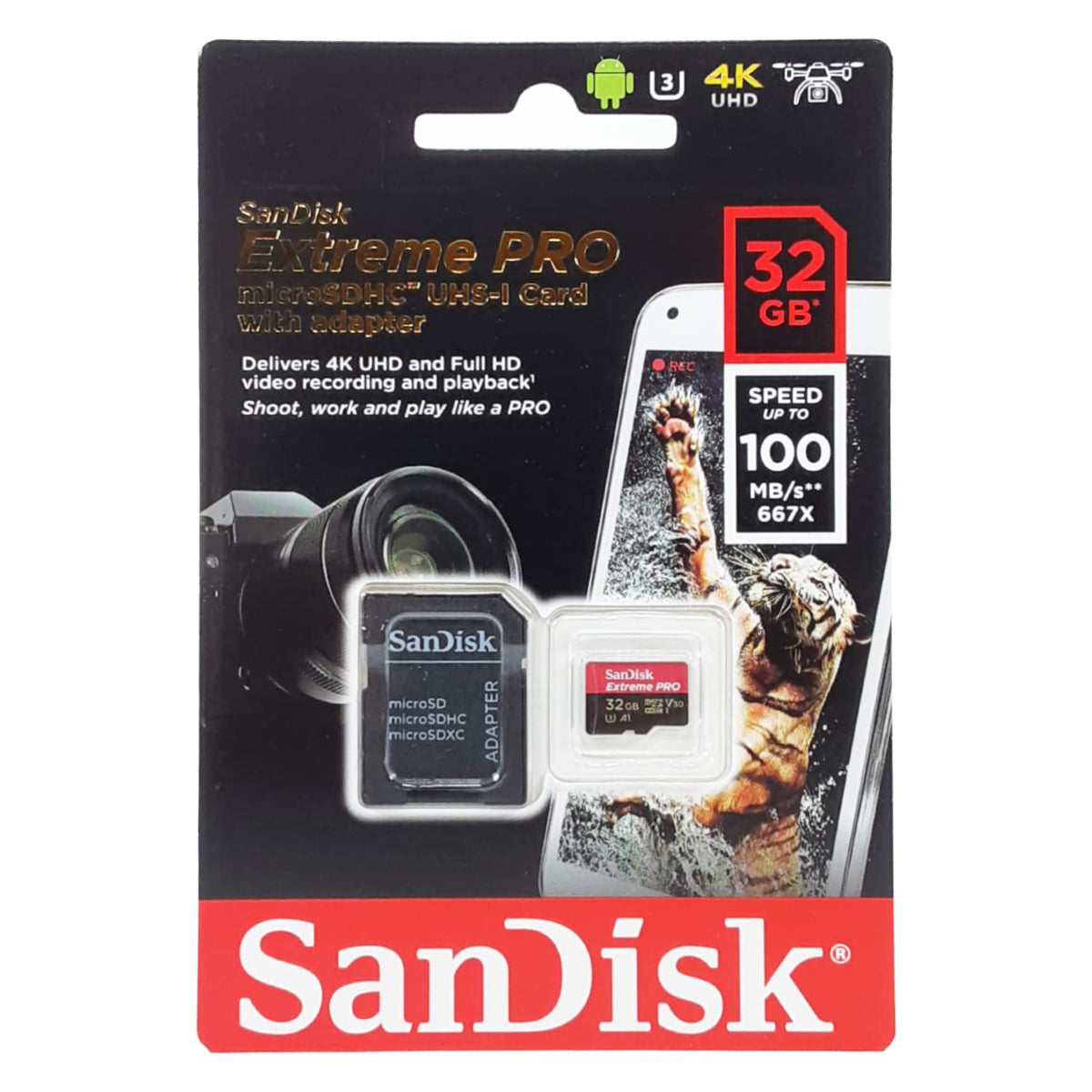 SanDisk Extreme Pro 32 GB microSDHC Memory Card and SD Adapter with A1 App Performance and Rescue Pro Deluxe 100 MB/s Class 10, UHS-I, U3, V30 SDSQXCG-032G-GN6MA, Red/Gold