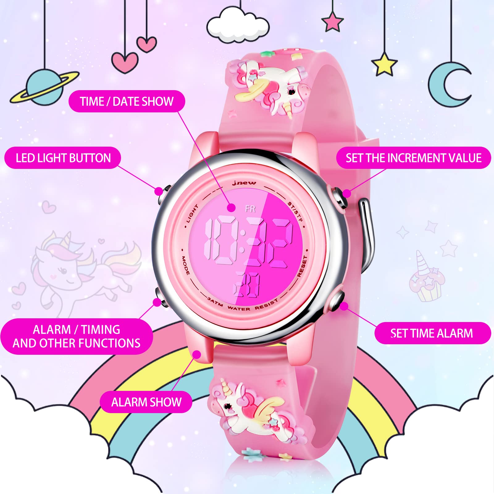 3 Pieces Kids Unicorn Watch and Unicorn Bracelet Waterproof Toddler Digital Watch Light Watch with Alarm Stopwatch Unicorn Easter Children's Day Gift for 3-10 Year Girls(Lovely Style)