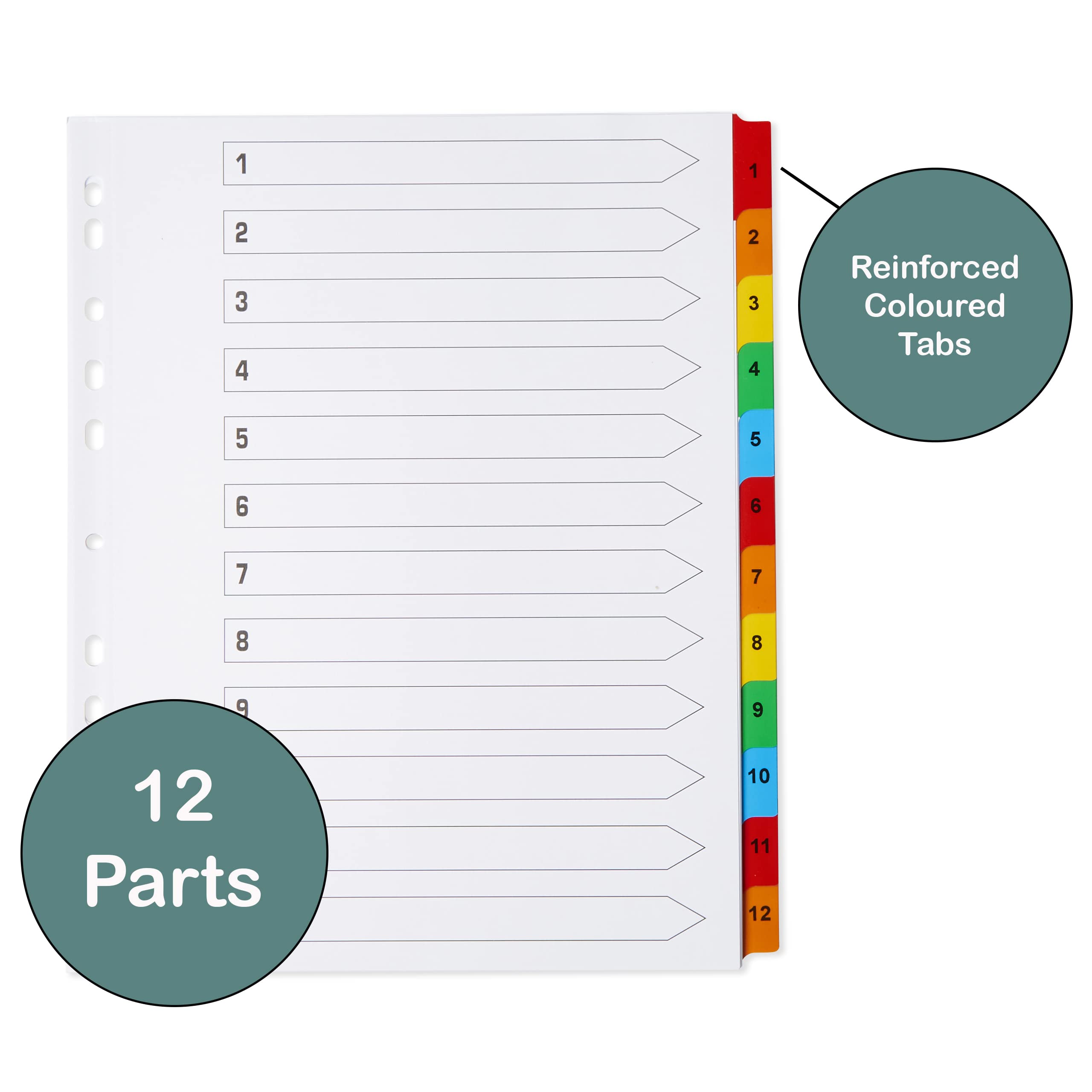 [3 Pack] A4and Extra Wide 12 Part File Dividers A4and Extra Wide 12 Part Numbered Subject Dividers Multipunched Reinforced Colour Tabs 150gsm