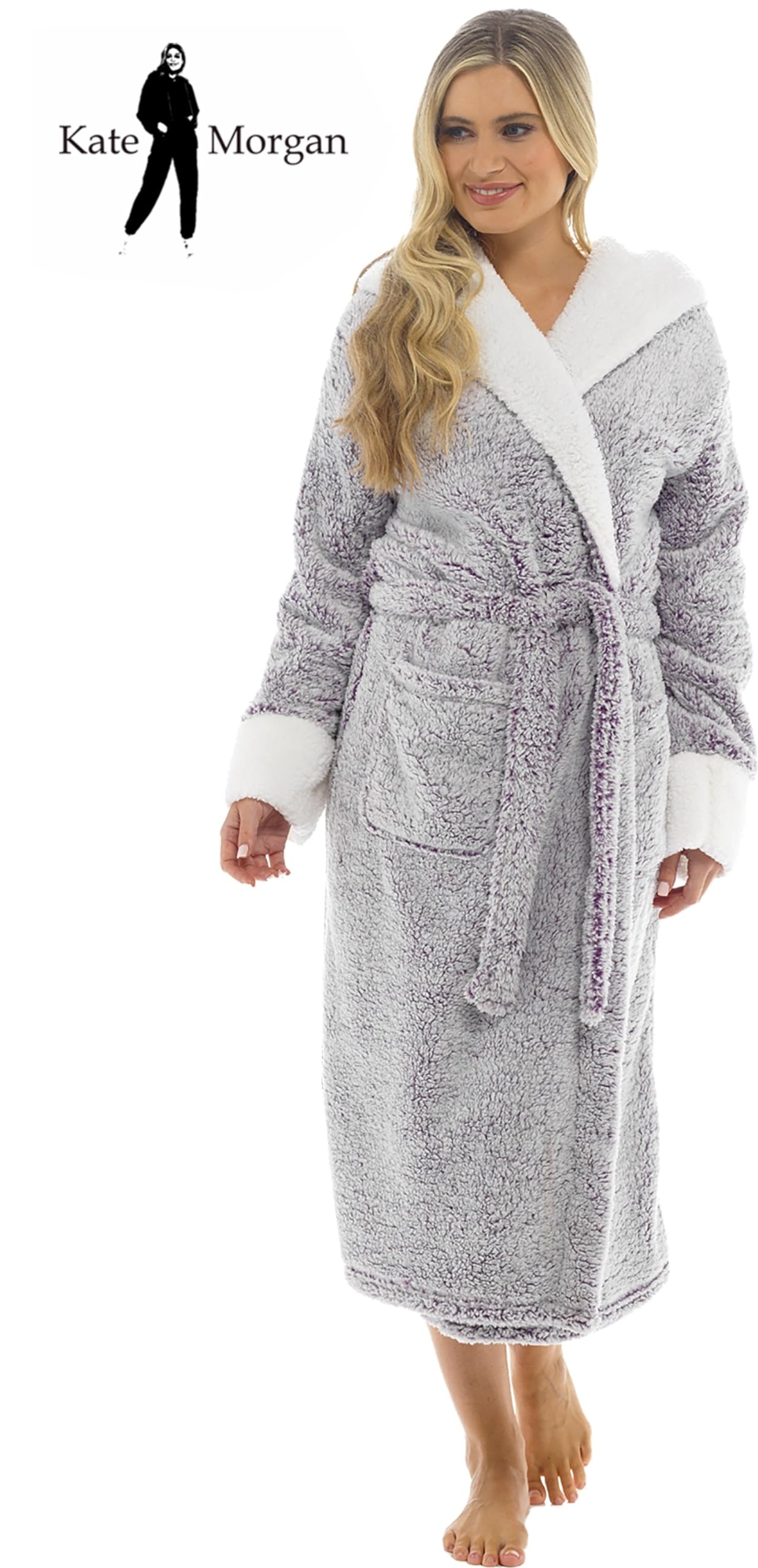 KATE MORGAN Ladies Dressing Gown Fluffy Super Soft Hooded Bathrobe for Women Plush Fleece Perfect Loungewear Long Robe   Gifts for Women S Purple