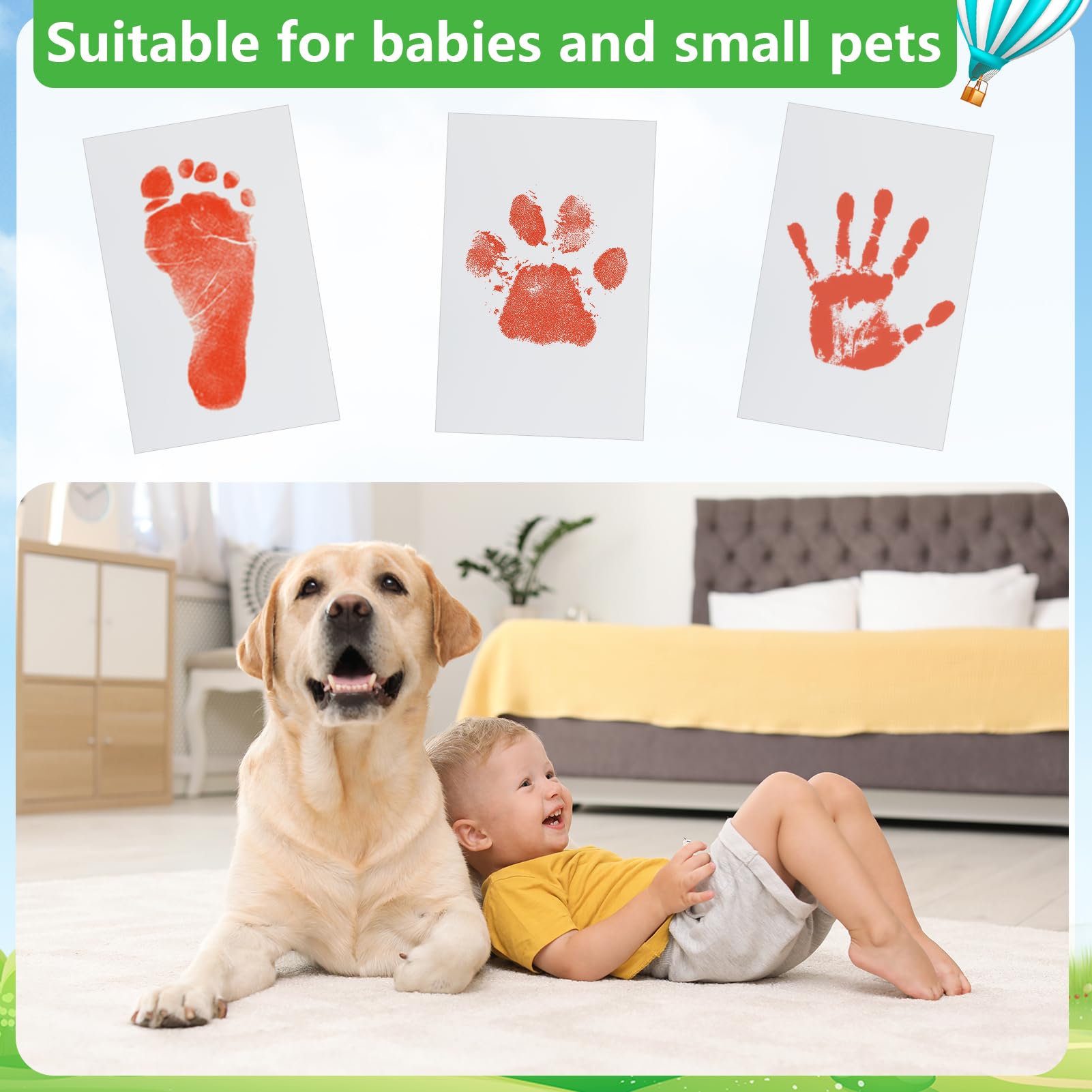 WHEELIO Baby Hand and Footprint Kit, Inkless Hand and Footprint kit with 3 Ink Pads and 6 Imprint Cards, Paw Print Kits for Dogs, Cat - Pink