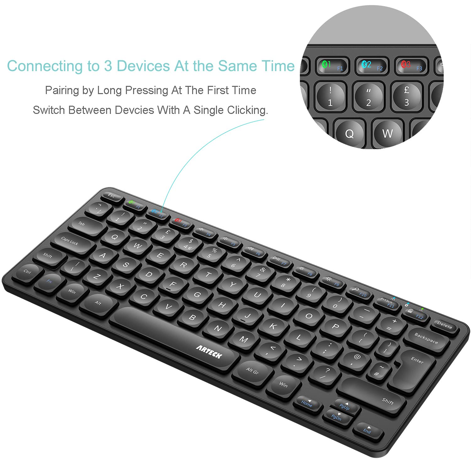 Arteck Universal Multi-Device Bluetooth Keyboard Ultra Slim and Compact Wireless Bluetooth Keyboard with Media Hotkeys for Windows iOS iPad OS Android Computer Desktop Laptop Surface Tablet Smartphone