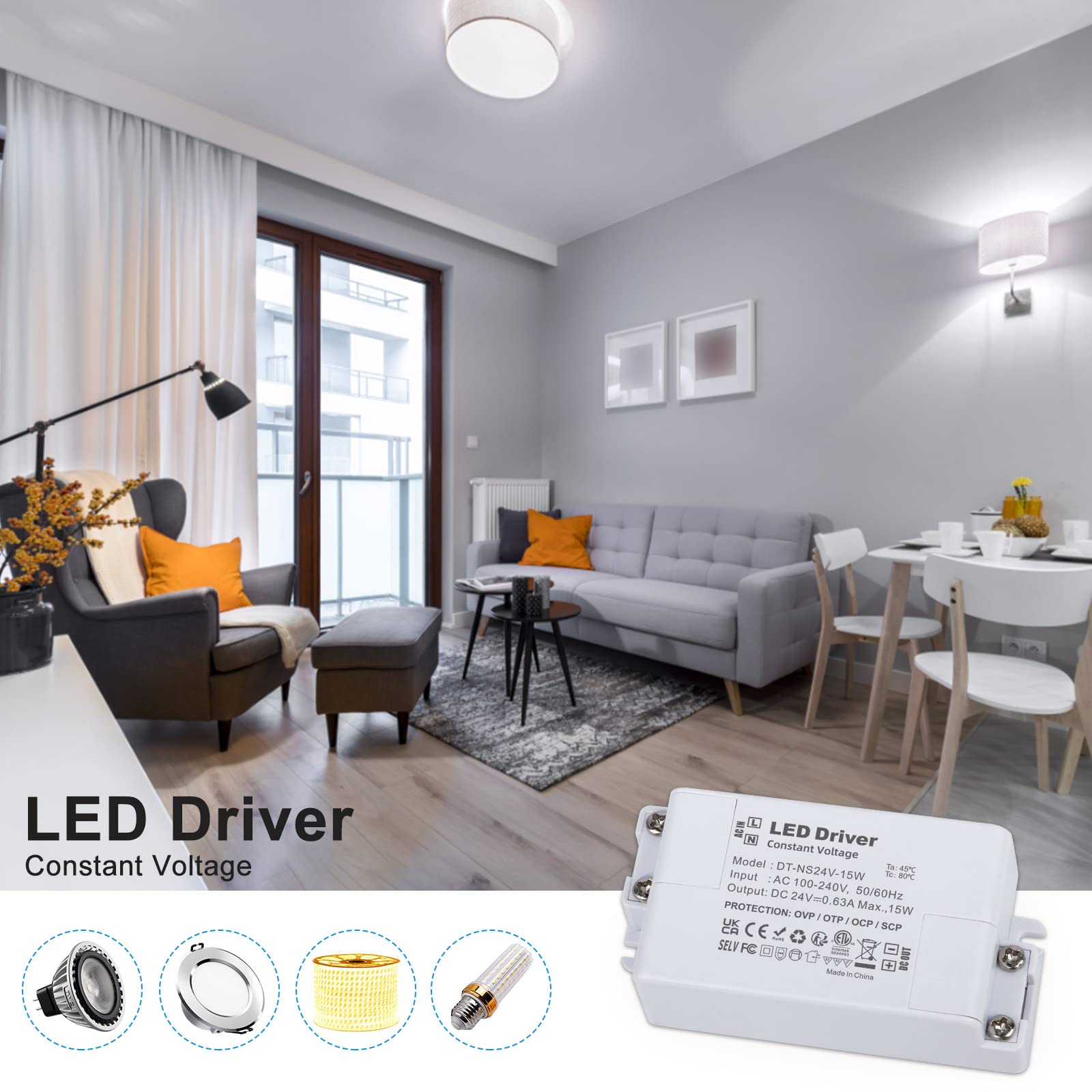 YAYZA! LED Driver 24V 15W, 240V to 24V LED Transformer 1.6A, IP44 Low Voltage Power Supply, AC to DC Adapter, Constant Voltage Driver for LED Strip Lights, Cabinet Lights, LED Bulbs, Ring Doorbell