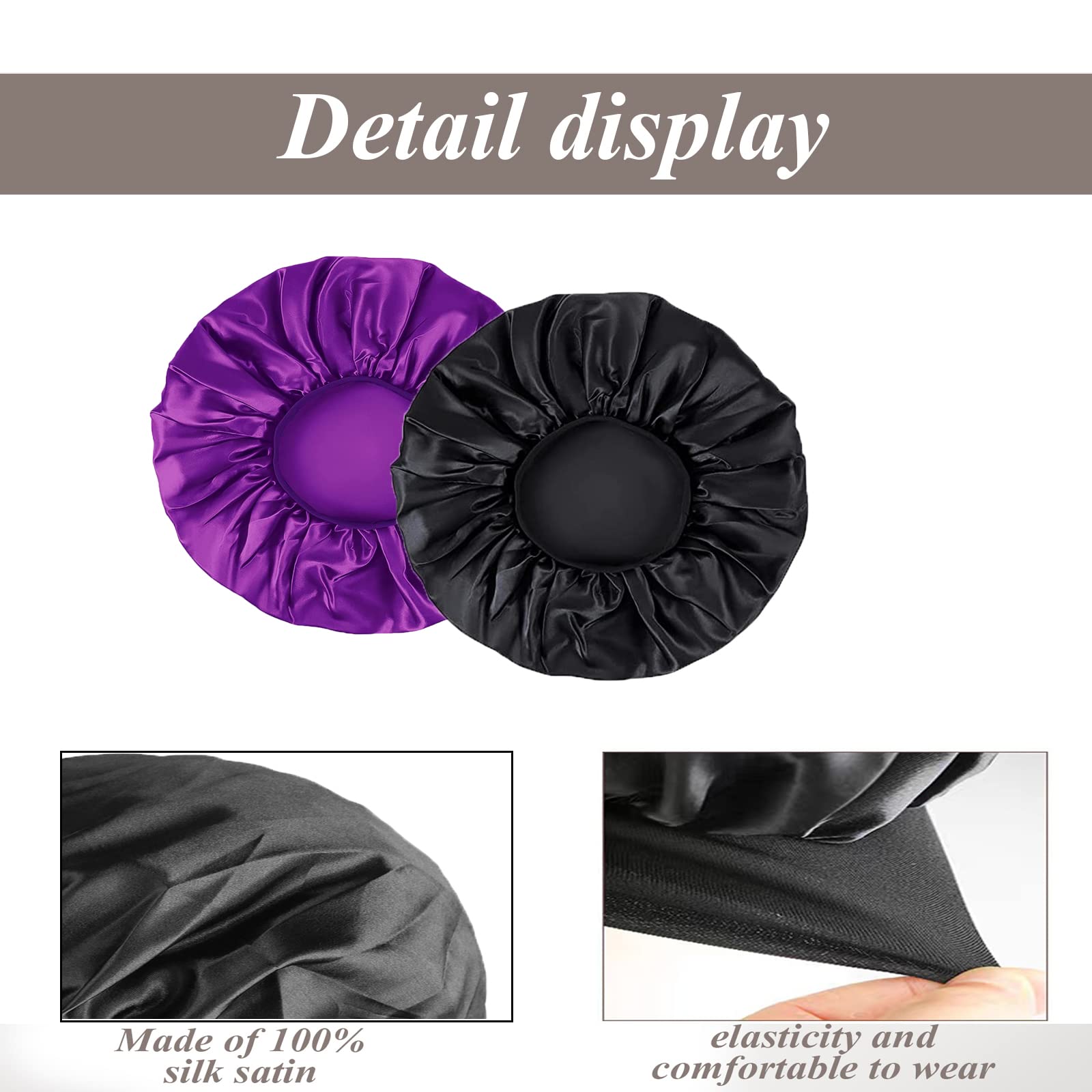 SWEET VIEW Silk Bonnet, Silk Hair Wrap for Sleeping, Soft and Comfortable Satin Sleep Cap, Black, Purple