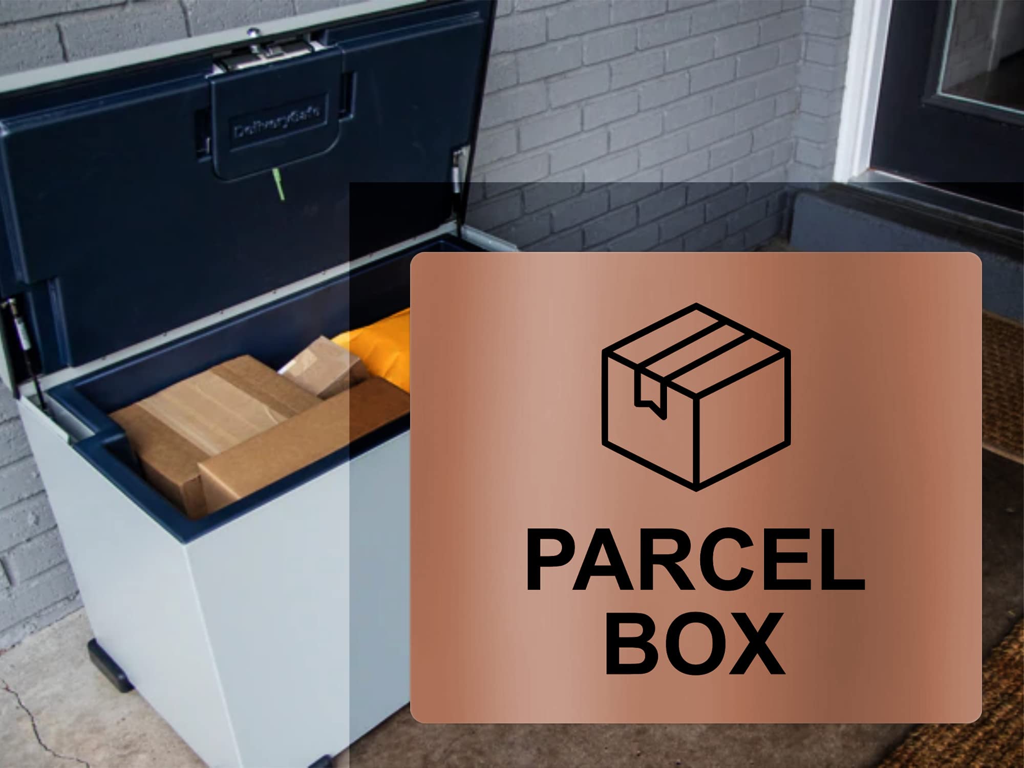 Parcel Box Adhesive Sign - Notice For Deliveries, Delivery Drivers, Packages, Post, Leave Parcel Here (size 12cm x 10cm) Never Loose Your Delivery Again. (Copper)