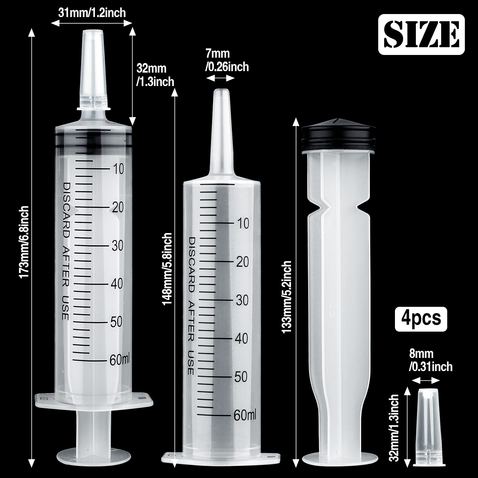 60ml Syringe 4 pack Plastic Syringe with Cap Feeding Syringe for Pets Individually Packaged Syringes Measuring Syringe Sterile for Labs, Food, Dispensing, Watering
