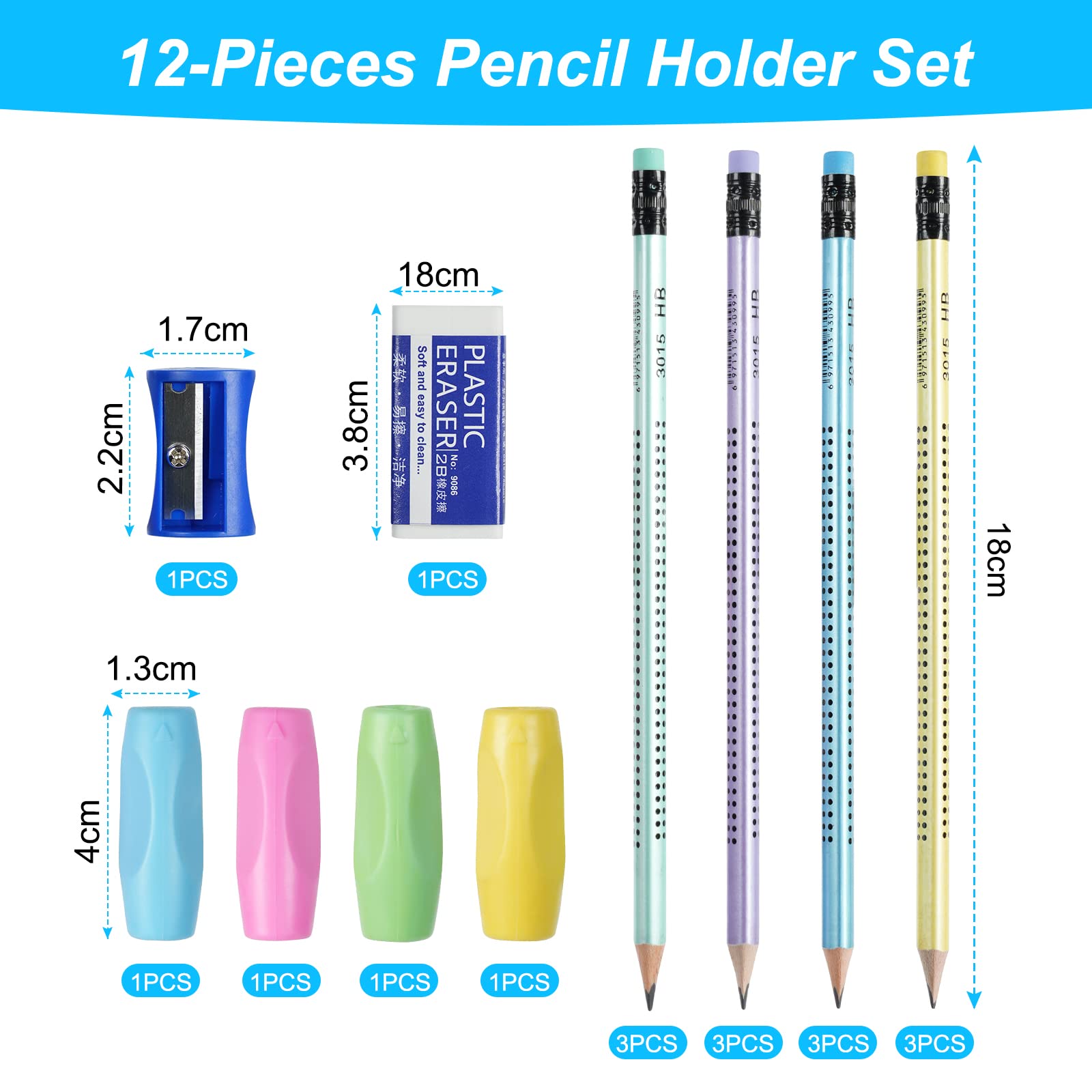 OFFCUP HB Pencils, 12pcs Pencils with Rubbers, Presharpened Pencil Writing Pencils with Rubbers on The End with 4 Pen holders, Pencil Sharpener and Rubbers for School Children Handwriting and Drawing