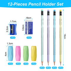 OFFCUP HB Pencils, 12pcs Pencils with Rubbers, Presharpened Pencil Writing Pencils with Rubbers on The End with 4 Pen holders, Pencil Sharpener and Rubbers for School Children Handwriting and Drawing