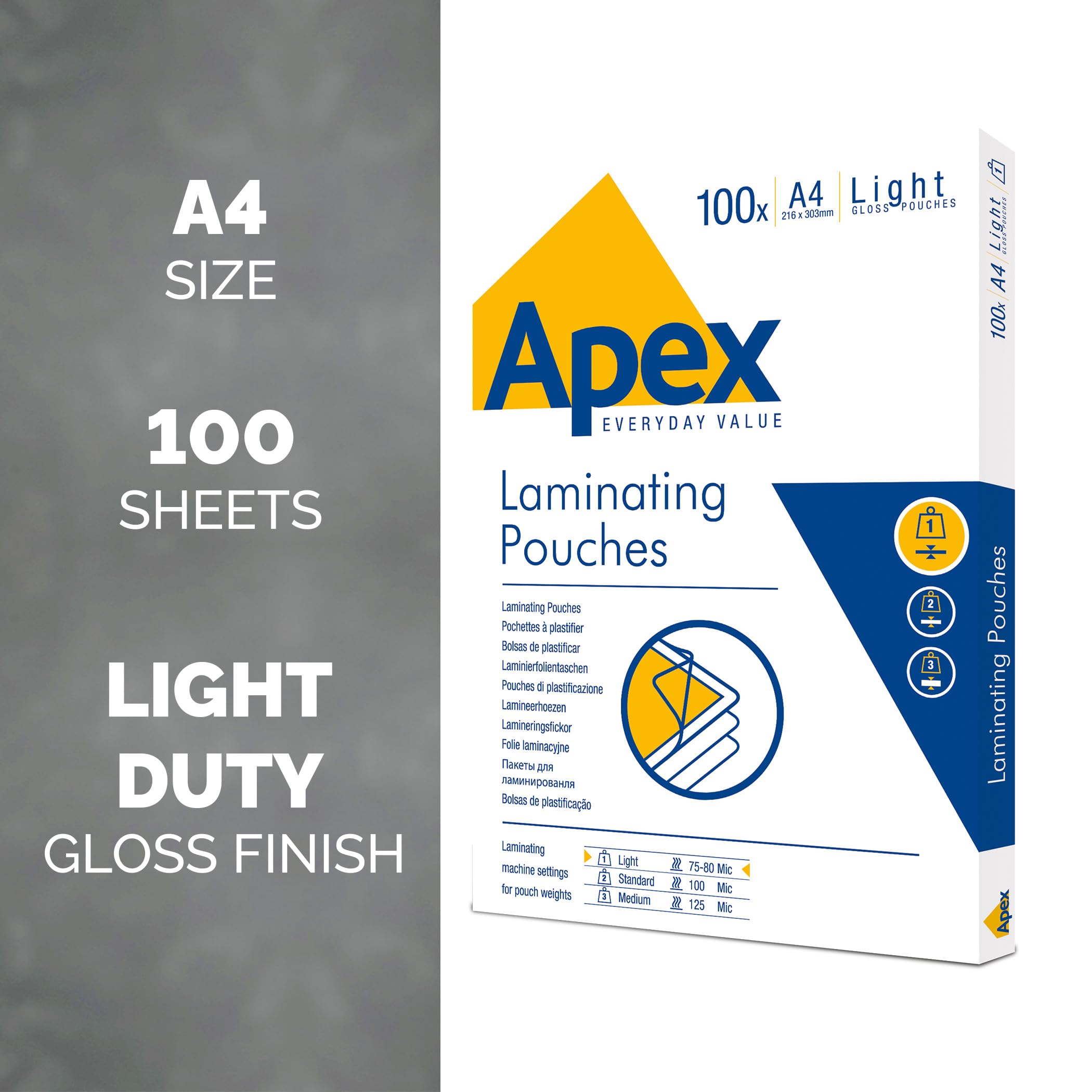 Fellowes Apex A4 Laminating Pouches, Glossy Finish, 100 Sheets - Light Duty - Ideal for Notices and Photos