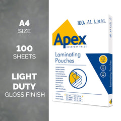 Fellowes Apex A4 Laminating Pouches, Glossy Finish, 100 Sheets - Light Duty - Ideal for Notices and Photos